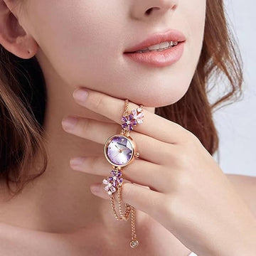 Findtime Flower Designer Women's Wrist Watches Ladies Jewelry Purple Rhinestone Bracelet Diamond Dress Analog Quartz Watch for Women Fashion Luxury Crystal Female